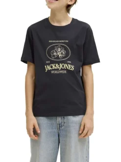 T-shirt en coton biologique noir imprimé avec une coupe droite et un col rond