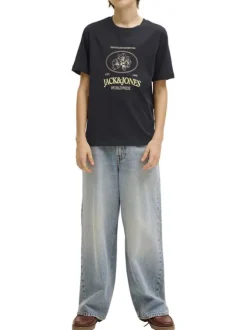 T-shirt en coton biologique noir imprimé avec une coupe droite et un col rond