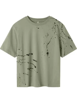 T-shirt en coton biologique kaki à imprimé all-over, droit à manches courtes