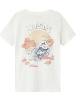 T-shirt en coton biologique blanc imprimé avec un col rond et une coupe droite