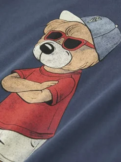 T-shirt en coton biologique indigo uni pourvu d'un imprimé ours