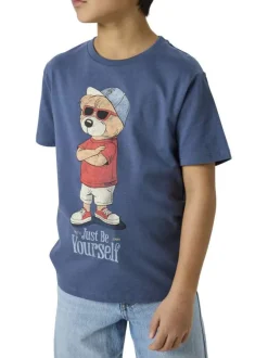 T-shirt en coton biologique indigo uni pourvu d'un imprimé ours