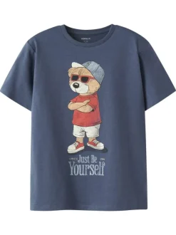 T-shirt en coton biologique indigo uni pourvu d'un imprimé ours