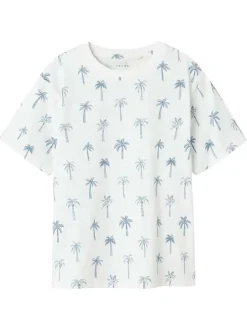 T-shirt en coton biologique blanc avec des palmiers imprimés et un col rond
