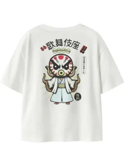 T-shirt en coton biologique blanc uni pourvu d'un imprimé poulpe