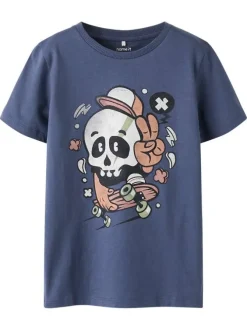 T-shirt en coton biologique indigo uni pourvu d'un imprimé tête de mort
