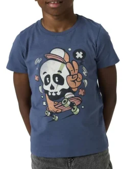 T-shirt en coton biologique indigo uni pourvu d'un imprimé tête de mort