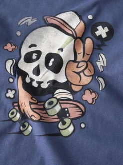 T-shirt en coton biologique indigo uni pourvu d'un imprimé tête de mort