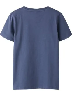 T-shirt en coton biologique indigo uni pourvu d'un imprimé tête de mort