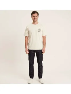 T-shirt en coton biologique beige imprimé avec une coupe droite et un col rond