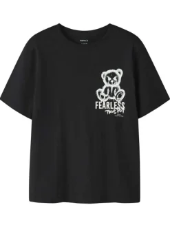 T-shirt en coton biologique noir uni pourvu d'un imprimé nounours