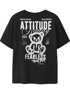 T-shirt en coton biologique noir uni pourvu d'un imprimé nounours