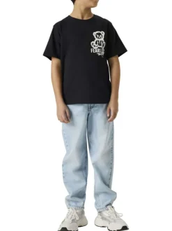 T-shirt en coton biologique noir uni pourvu d'un imprimé nounours