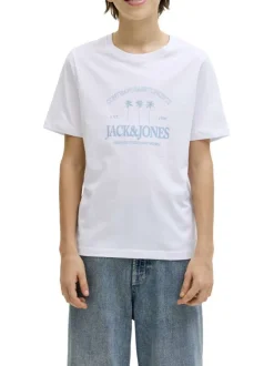 T-shirt en coton biologique blanc imprimé avec une coupe droite et un col rond