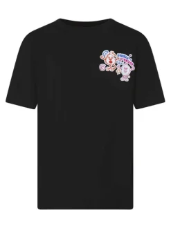 T-shirt en coton biologique noir uni pourvu d'imprimés de fruits et légumes