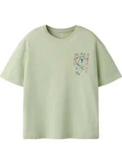 T-shirt en coton biologique vert uni pourvu d'un imprimé chat