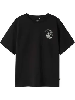 T-shirt en coton biologique noir avec imprimé poitrine et dos et à coupe droite