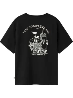 T-shirt en coton biologique noir avec imprimé poitrine et dos et à coupe droite