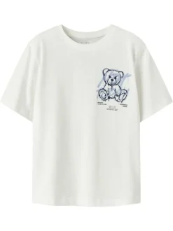 T-shirt en coton biologique blanc uni pourvu d'un imprimé nounours