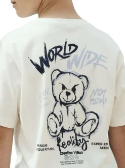 T-shirt en coton biologique blanc uni pourvu d'un imprimé nounours