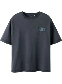 T-shirt en coton biologique noir imprimé avec une coupe droite à col rond