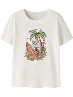 T-shirt en coton biologique blanc uni pourvu d'un imprimé squelette