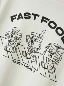 T-shirt en coton biologique blanc à imprimé dessin, coupe droite et col rond