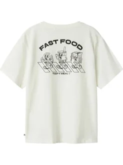 T-shirt en coton biologique blanc à imprimé dessin, coupe droite et col rond