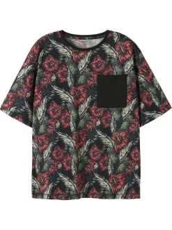 T-shirt en coton biologique noir à motifs pourvu d'une poche plaquée