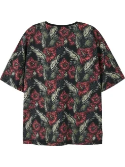T-shirt en coton biologique noir à motifs pourvu d'une poche plaquée