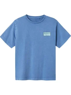 T-shirt en coton biologique bleu effet légèrement délavé avec un col rond