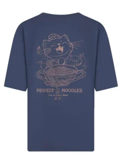 T-shirt en coton biologique indigo uni pourvu d'un imprimé chat