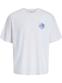 T-shirt en coton biologique blanc uni avec un imprimé bleu et un col rond