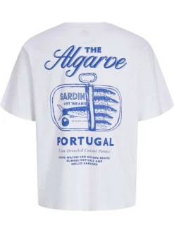 T-shirt en coton biologique blanc uni avec un imprimé bleu et un col rond