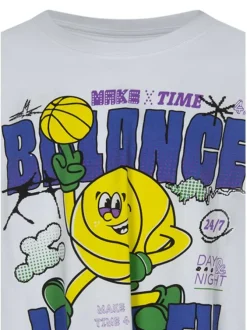 T-shirt en coton biologique blanc uni pourvu d'un imprimé balle de basket