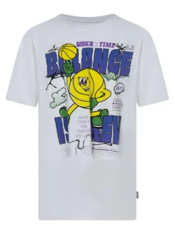 T-shirt en coton biologique blanc uni pourvu d'un imprimé balle de basket