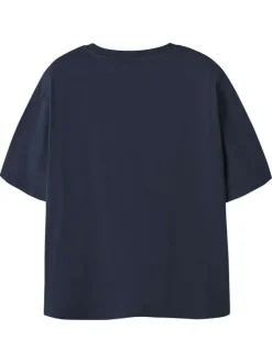 T-shirt en coton biologique marine uni pourvu d'un imprimé palmier