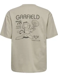 T-shirt en coton biologique beige à imprimé avec une coupe droite et un col rond