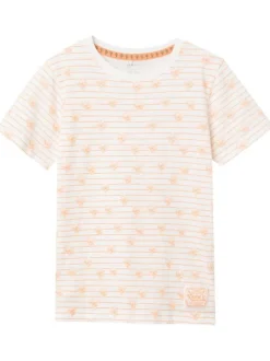 T-shirt en coton blanc à rayures oranges avec col rond et coupe droite