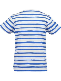 T-shirt en coton blanc avec des rayures bleues et un kangourou jaune à lunettes
