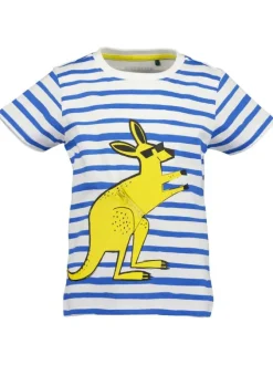 T-shirt en coton blanc avec des rayures bleues et un kangourou jaune à lunettes