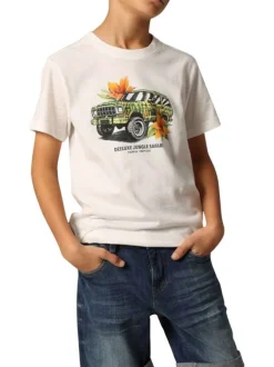 T-shirt en coton blanc imprimé à la poitrine à coupe droite avec un col rond