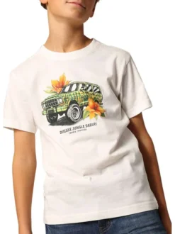 T-shirt en coton blanc imprimé à la poitrine à coupe droite avec un col rond