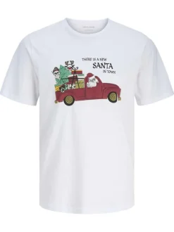 T-shirt en coton blanc imprimé Noël avec une coupe droite et un col rond