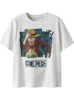 T-shirt en coton blanc imprimé avec un col rond et une coupe droite
