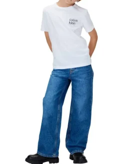 T-shirt en coton blanc uni à col rond avec le nom de la marque imprimé en petit