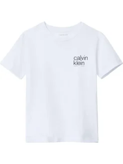 T-shirt en coton blanc uni à col rond avec le nom de la marque imprimé en petit