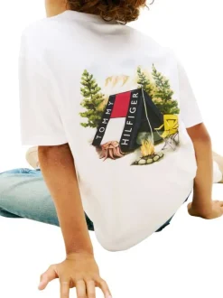 T-shirt en coton blanc uni col rond orné d'un imprimé fantaisie