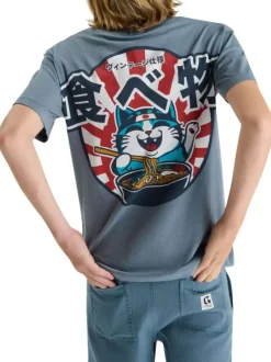 T-shirt en coton bleu à coupe droite pourvu d'un col rond côtelé