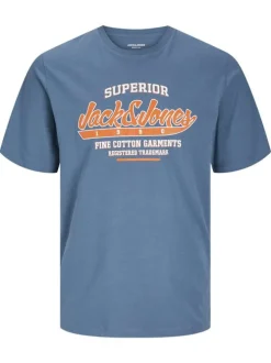 T-shirt en coton bleu avec col rond, manches courtes et logo orange et blanc